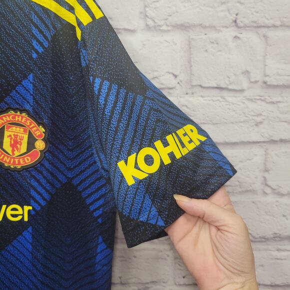 NWT Adidas Manchester United Jersey Size L Blue Yellow Team Viewer Soccer Away - Picture 3 of 9